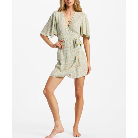 Billabong All For You Mini Dress Flutter Sleeve Spring Pastel Floral Womens L - Picture 1 of 11
